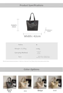 Detailed size specifications of large canvas tote bag with bow and 42cm width dimensions