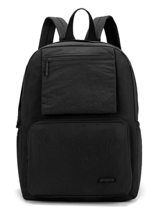 Sac à dos minimaliste en nylon noir avec deux poches frontales zippées et texture
