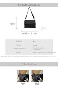 Detailed view of black crossbody bag dimensions and waterproof fabric texture