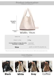 Detailed size chart and specifications for the PU leather bucket bag with dimensions