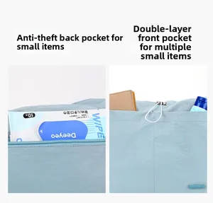 Détail du sac en nylon bleu clair montrant la poche antivol et les poches doubles