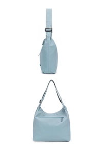 Détails du sac bandoulière bleu clair avec bandoulière réglable et poche zippée