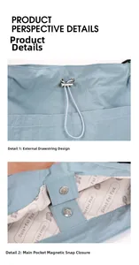 Détail d'un sac en nylon imperméable avec cordon de serrage et boucle magnétique