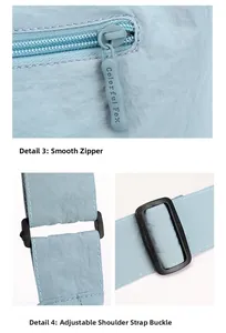 Détails de la fermeture éclair fluide et de la boucle réglable sur sac bleu clair