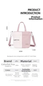 Detailed size chart for nylon tote bag with 9.7 inch iPad size comparison and dimensions
