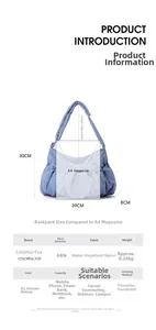 Waterproof nylon tote bag details with size dimensions and lightweight material specs