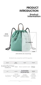 Detailed view of mint green waterproof nylon backpack with size and capacity specs