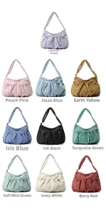 Detail display of large nylon tote bags available in ten diverse stylish colors
