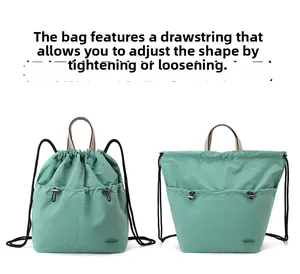 Detail view of adjustable mint green drawstring backpack showing compact and expanded shapes