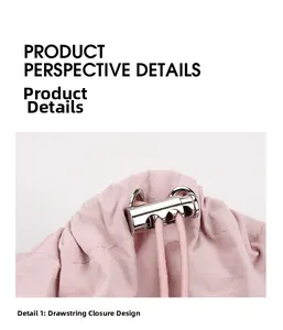 Detail of pink nylon drawstring closure with silver dual-hole metal cord lock