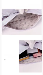 Detail of the inner zipper pocket and internal capacity of the purple nylon cloud bag