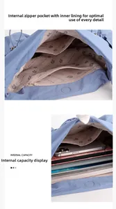 Detail view of large capacity blue nylon bag interior with multiple storage pockets