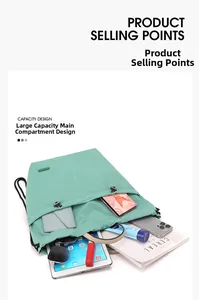 Macro detail of spacious mint green drawstring backpack showing large main storage capacity