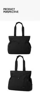 Makroansicht der schwarzen wasserdichten Nylon-Tragetasche mit Vordertasche und Metallschnallen