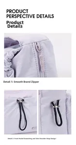 Detailed view of lavender nylon cloud bag featuring silver zippers and elastic drawstrings