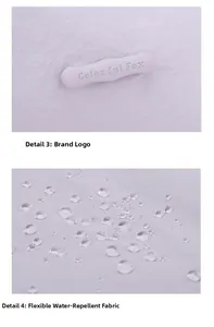 Primer plano de tela de nailon impermeable con logo y gotas de agua en bolso lila