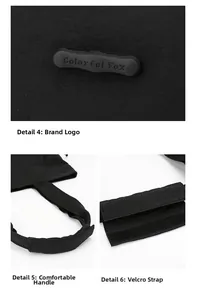 Details von Colorful Fox Markenlogo, gepolstertem Griff und Klettverschluss der Tragetasche