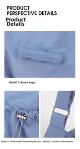 Detail of blue nylon crossbody bag featuring Colorful Fox logo and metallic hardware