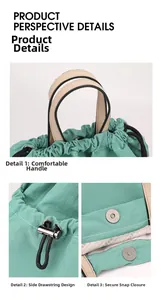 Detail view of mint green nylon bag with drawstring closure and magnetic snap button