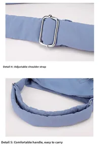 Detail of blue nylon tote bag with adjustable silver metal buckle and padded handle
