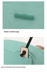 Detail of Colorful Fox logo and drawstring cord eyelets on mint green nylon backpack