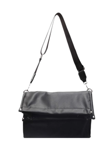 Minimalist black pebbled leather crossbody bag with wide strap and silver metal hooks