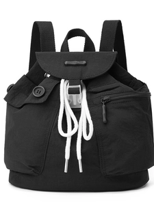 Minimalist black nylon backpack with multi-pockets and drawstring design for women