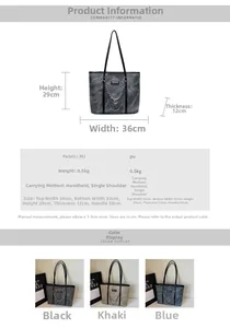 Vue détaillée du grand sac cabas en PU avec chaînes métalliques et dimensions de voyage