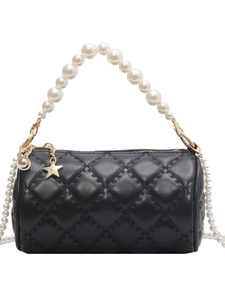 Elegant black quilted cylinder bag with pearl handle and star pendant on white background