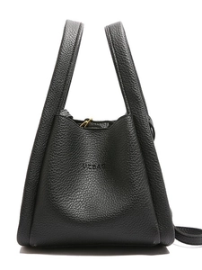Minimalist black pebble leather bucket bag with top handles and UZBAG embossed logo