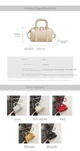 Detailed view of the mini Boston bag dimensions and five available color variants