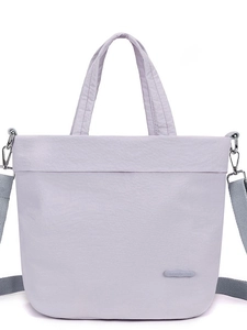 Light purple nylon drawstring tote bag with dual handles and grey adjustable strap