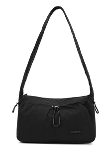 Minimalist black nylon ruched cloud shoulder bag with adjustable strap for women