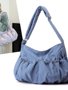 Lightweight pleated nylon crossbody bag with large capacity and drawstring pockets