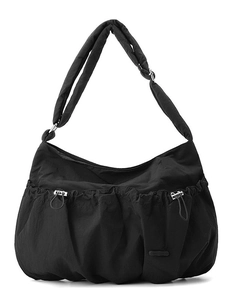 Black pleated nylon cloud bag with padded shoulder strap and drawstring detail