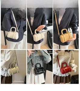 Detailed views of mini Boston bags in five colors styled with various outfits