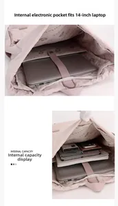 Détail intérieur du sac à dos en nylon rose avec pochette pour ordinateur portable