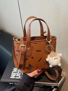 Women PU Leather Embossed Cartoon Pattern Bucket Bag With Plush Pendant Crossbody Handbag Contrast Color Daily Shoulder Bag