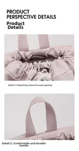 Détails du sac à dos en nylon lilas avec fermeture à cordon et poignée tissée
