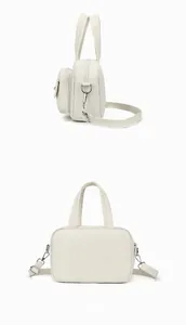 Dual views showing front-side and back details of this cream multi-pocket crossbody bag