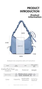 Size chart for blue nylon dumpling bag showing dimensions 23x21x11cm and phone comparison