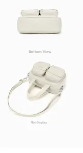 Flat lay and bottom view of off-white multi-pocket nylon utility crossbody bag with strap