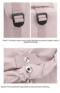 Détail de la boucle réglable et du bouton pression en métal sur sac à dos en nylon