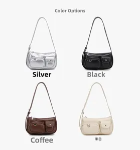 Collage of chic square shoulder bags in silver, black, coffee, and beige PU leather