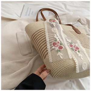 Detail of straw tote bag featuring floral lace embroidery and brown leather handles
