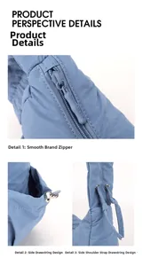 Detail of blue pleated bag showing Colorful Fox resin zipper and drawstring toggle system