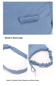 Detail view of light blue nylon bag with brand logo and adjustable drawstring strap