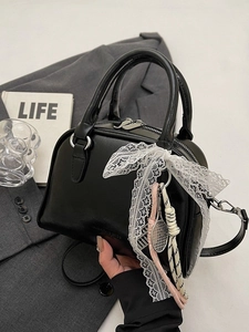 Women Boston Bag PU Leather Bowling Handbag with Lace Bow Pendant Sweet Crossbody Shoulder Bag for Casual Daily Travel