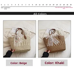 Detail of woven straw tote bags with floral lace bows and leather handles in two colors