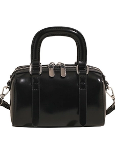 Mini black patent leather Boston bag with silver hardware and dual top handles